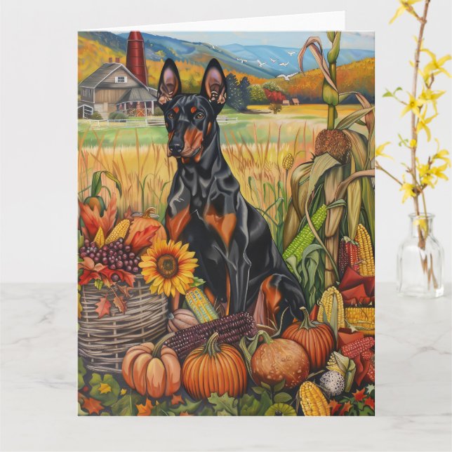 Tarjeta Doberman Dog Autumn Harvest Acción de Gracias (flor amarilla)