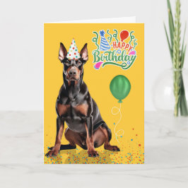 Tarjeta Doberman Dog Party Hat Yellow Birthday