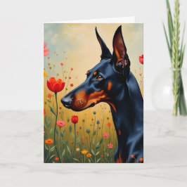 Tarjeta Doberman en un campo de flores