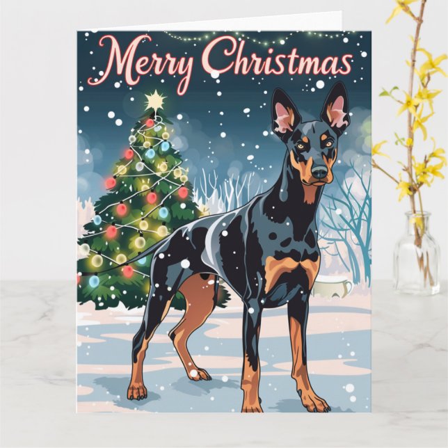 Tarjeta Doberman Merry Christmas Snow (flor amarilla)
