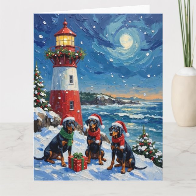 Tarjeta Doberman Pinscher Christmas Lighthouse Holiday (Anverso)