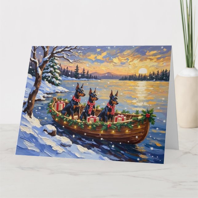 Tarjeta Doberman Pinscher Navidad Barco Fiesta (Anverso)