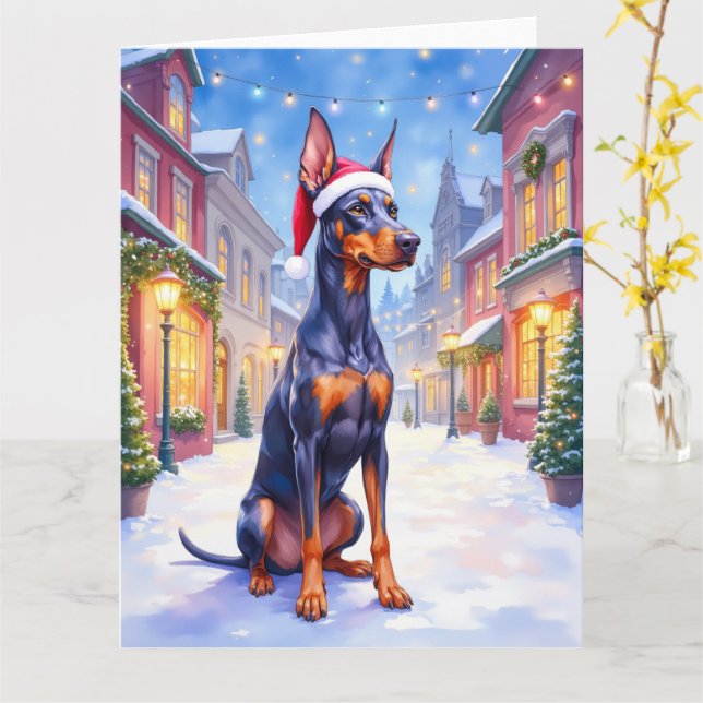 Tarjeta Doberman Pinscher Snowy Village Santa Hat Christma (flor amarilla)
