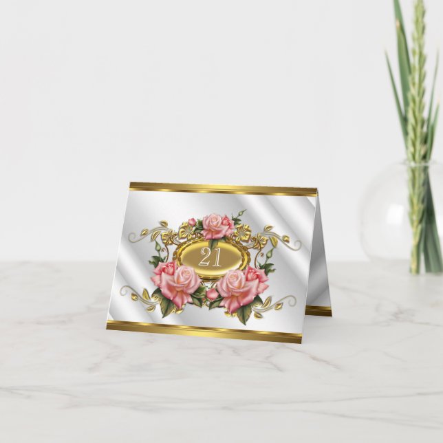 Tarjeta doblada 21º cumpleaños Rosas de oro rosado (Anverso)