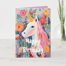 Tarjeta doblada floral de unicornio rosa florecien
