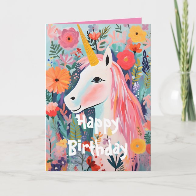Tarjeta doblada floral de unicornio rosa florecien (Anverso)