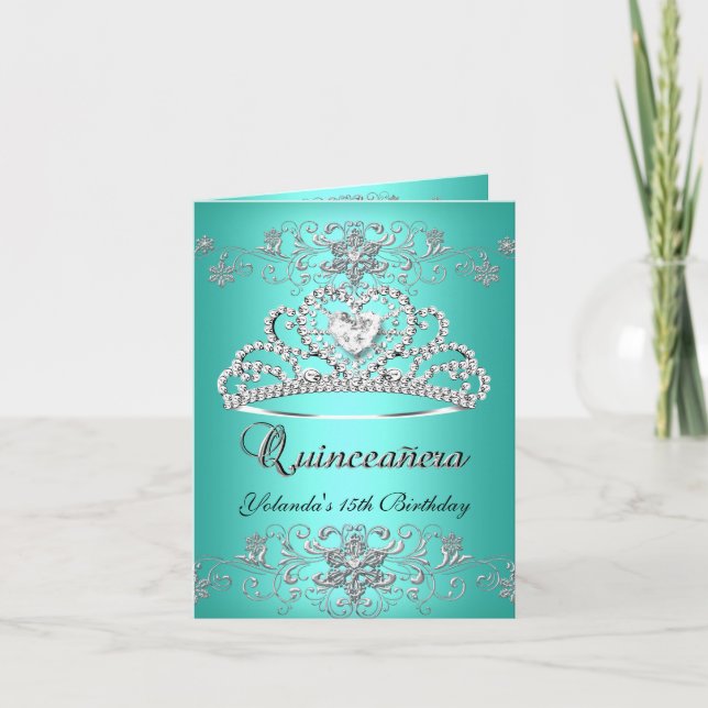 Tarjeta doblada Quinceanera Purpurina Verde azulad (Anverso)
