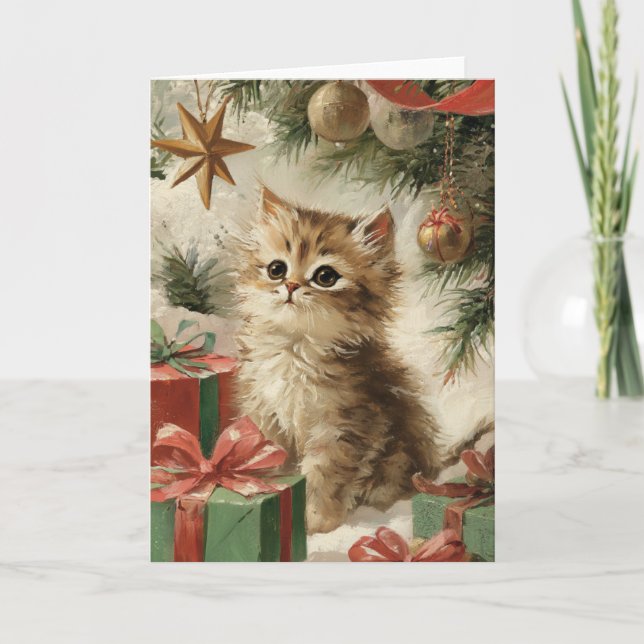 Tarjeta Doble de Navidad con Gato Feliz (Anverso)