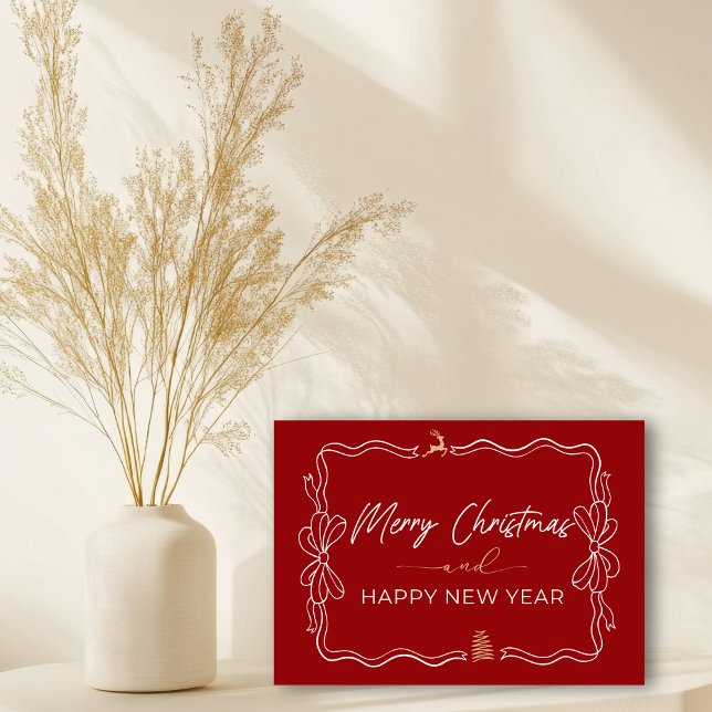 Tarjeta Doble de Navidad Roja: Lazos y Árboles Gar (Red: Bow & Trees Doodles Holiday Folded Card)