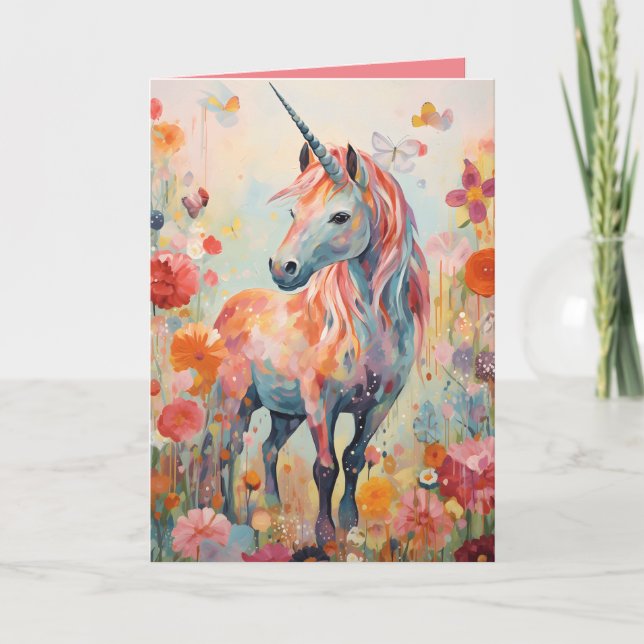 Tarjeta Doble de Unicornio Mágico Rosa Pastel Eleg (Anverso)