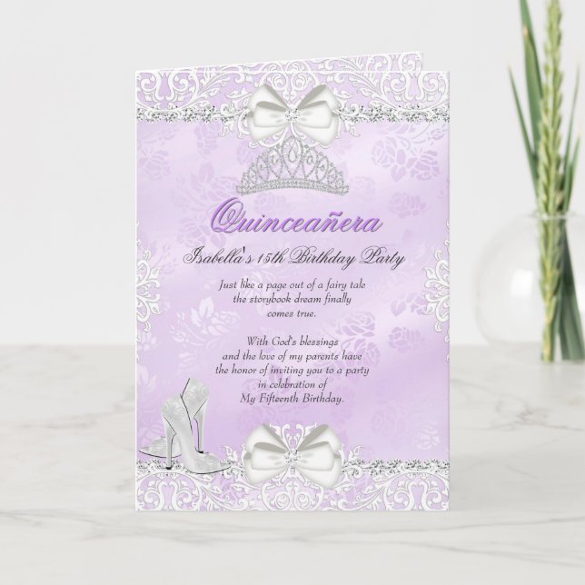 Tarjeta Doble Invitación de Quinceañera Morada (Anverso)