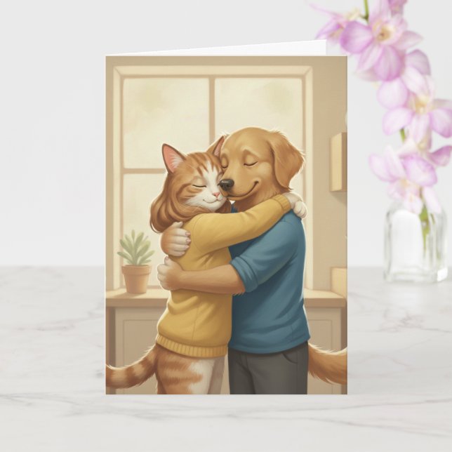 Tarjeta Dog and Cat Hugging Romantic Greeting Card (Orquídea)