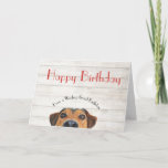 Tarjeta Dog Happy Birthday Funny Greet Card<br><div class="desc">Tarjeta de felicitación de cumpleaños por diversión de perro,  con una nariz de perro deseando a todos un "buen cumpleaños". Fondo rústico con las palabras Feliz cumpleaños en el frente. Personalizar con sus nombres personales.</div>