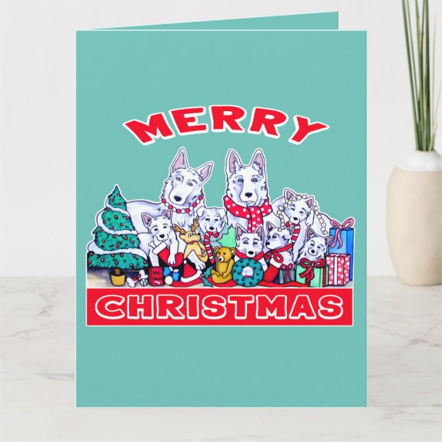 Tarjeta Dog Merry Christmas White Shepherd Holiday GSD Div (Anverso)