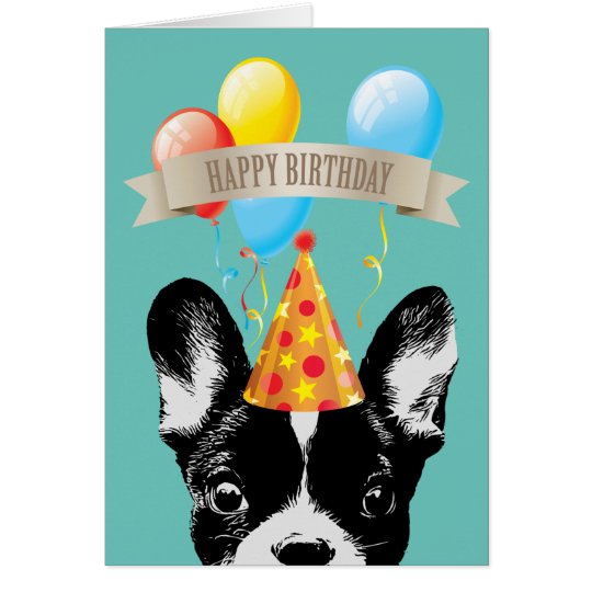 Tarjeta Dogo francés y cumpleaños de los globos feliz
