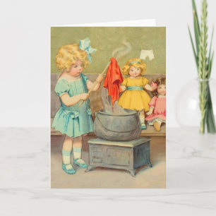 Tarjeta Dolly Laundry Chica Vintage Jugando Muñecas Cute