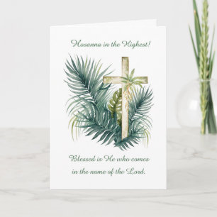 Tarjeta Domingo de Ramos con cruz y palmas Hosanna