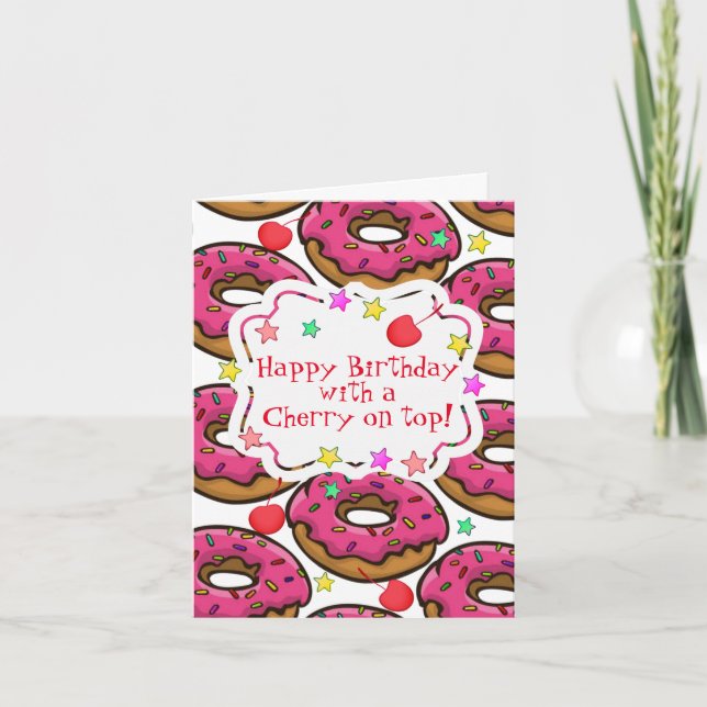 Tarjeta Donas Cumpleaños Rellenas Cereza Encima (Anverso)