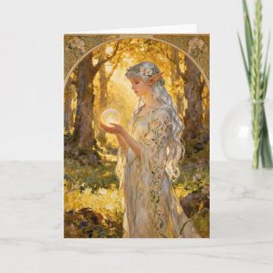 Tarjeta Doncella Élfica Etérea Estilo Art Nouveau