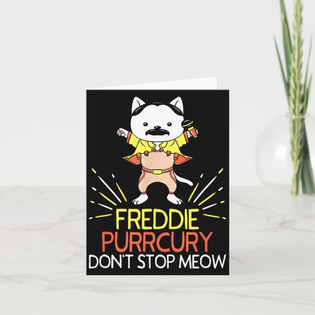 Tarjeta Don't Stop Meow Die Purrcury Funny Cat Music Pun G (Anverso)