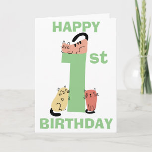 Tarjeta Doodle de Gatos para Primer Cumpleaños con Mensaje