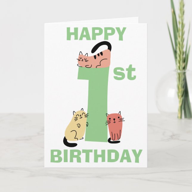 Tarjeta Doodle de Gatos para Primer Cumpleaños con Mensaje (Anverso)