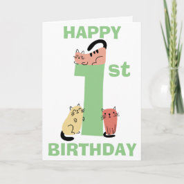 Tarjeta Doodle de Gatos para Primer Cumpleaños con Mensaje