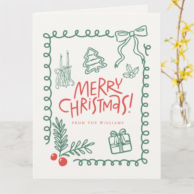 Tarjeta doodle lindo caprichoso alegre navidad  (flor amarilla)