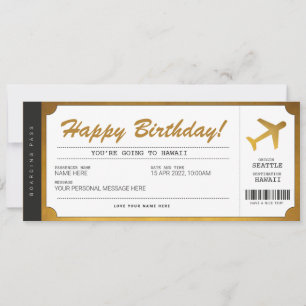 Tarjeta dorada de embarque de cumpleaños sorpresa
