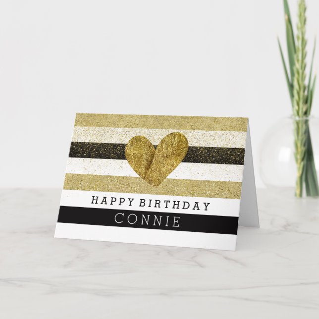 Tarjeta Dorado Black Stripes Gold Heart Birthday (Anverso)