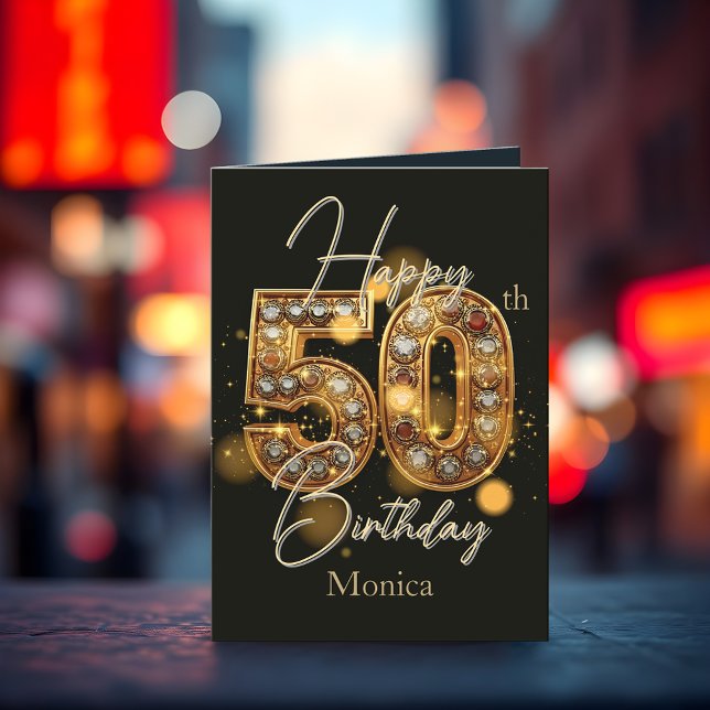 Tarjeta Dorado brillante y Gemstone negro 50 cumpleaños (Subido por el creador)