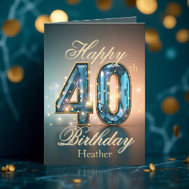 Tarjeta Dorado espumoso y Gemstone azul 40 cumpleaños