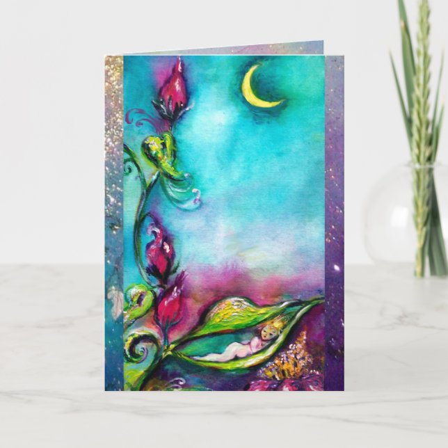 TARJETA DORMIR DE THUMBELINA ENTRE HOJAS ROSAS (Anverso)