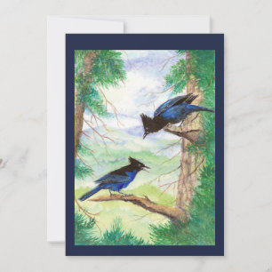Tarjeta Dos acuarelas Stellar Jay Birds Forest Trees