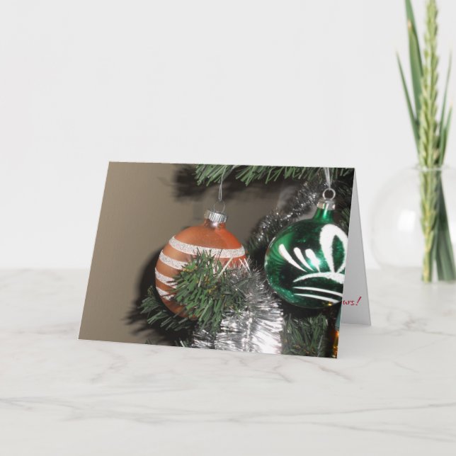 Tarjeta "Dos adornos antiguos de árbol de Navidad" (Anverso)