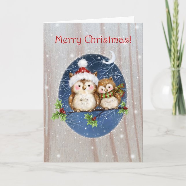Tarjeta Dos búhos en la rama, Feliz Navidad (Anverso)