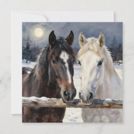 Tarjeta Dos caballos en una granja nevada | En blanco