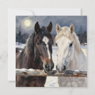 Tarjeta Dos caballos en una granja nevada   En blanco