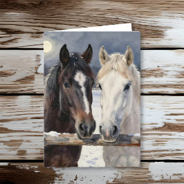 Tarjeta Dos caballos en una granja nevada | Feliz Cumpleañ