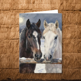 Tarjeta Dos caballos en una granja nevada | Pensando en ti