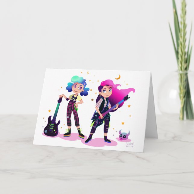 Tarjeta Dos chicas tocan la guitarra juntos (Anverso)