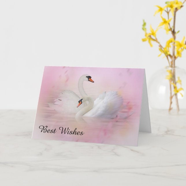 Tarjeta Dos cisnes en Boda de fondo rosado (flor amarilla)
