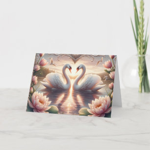 Tarjeta Dos cisnes enamorados en un estanque en blanco