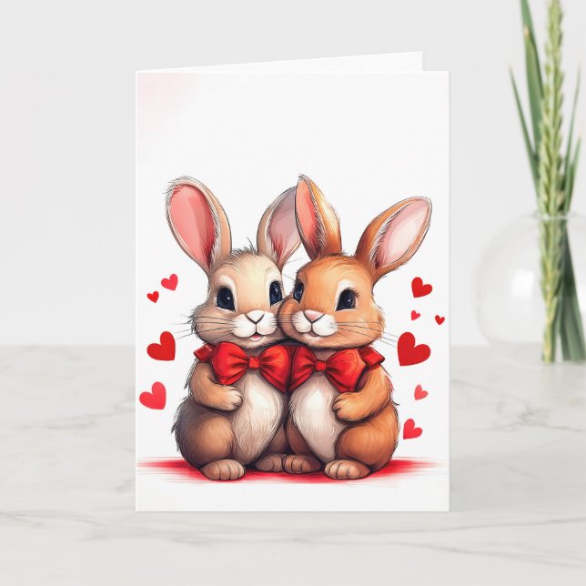 Tarjeta Dos conejos abrazados por el romance Día de San Va (Anverso)