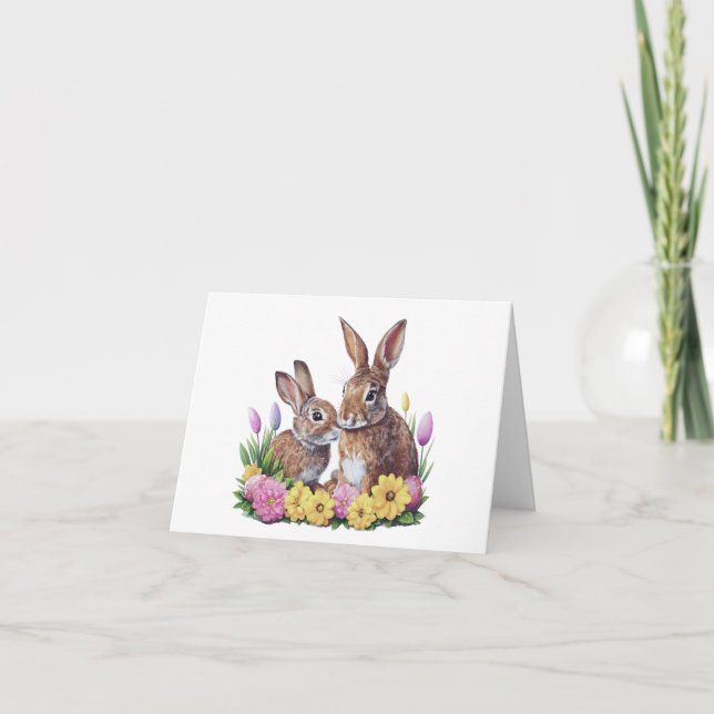 Tarjeta Dos conejos de conejito de Pascua con flores en BL (Anverso)