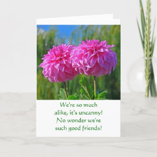 TARJETA DOS DAHLIAS ROSAS "COINCIDENTES" CON TEXTO DIVERTI