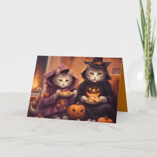 Tarjeta Dos gatitos con disfraces de Halloween con golosin (Anverso)