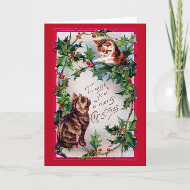Tarjeta Dos gatitos y acebo de Navidad (Anverso)