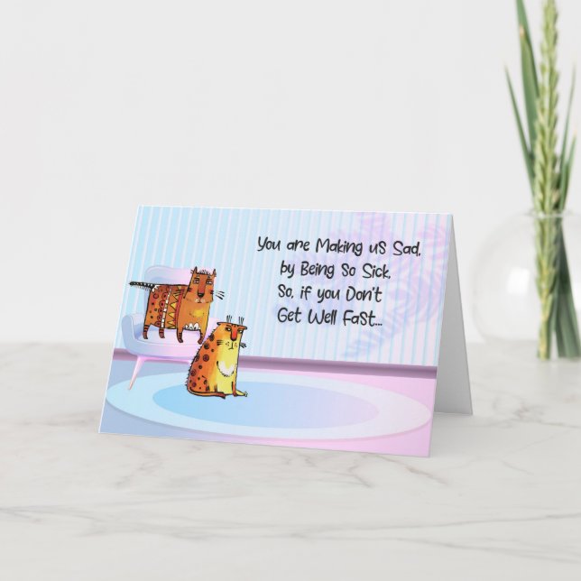 Tarjeta Dos gatos cómicos tristes, porque el niño está enf (Anverso)