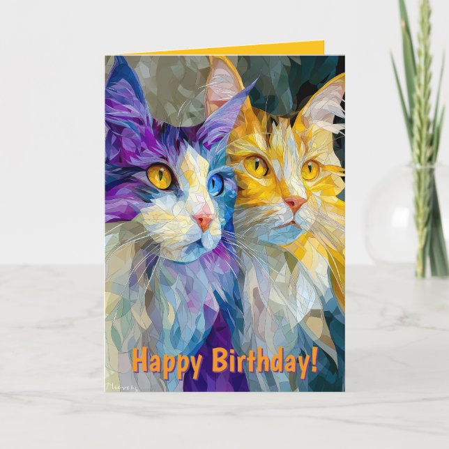 Tarjeta Dos gatos púrpura y amarillo (Anverso)